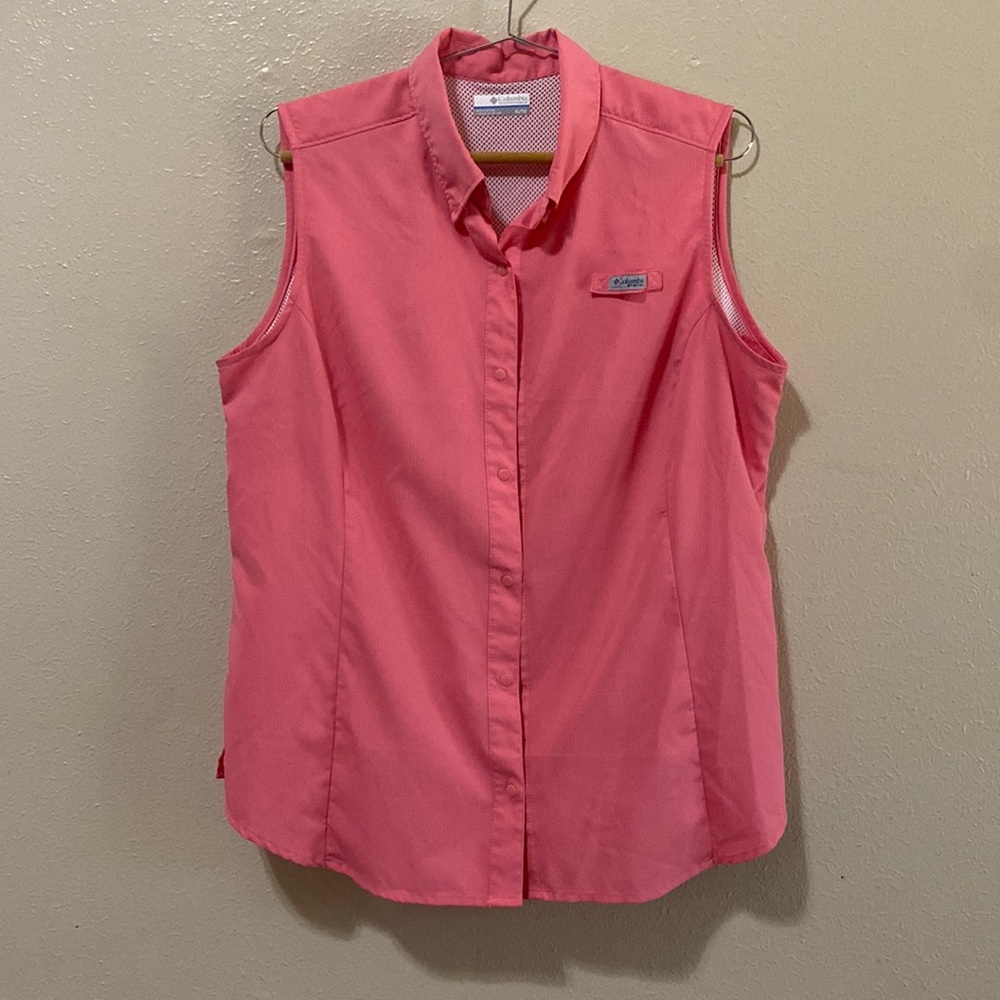 Columbia sleeveless pink women’s activewear top with PFG protection